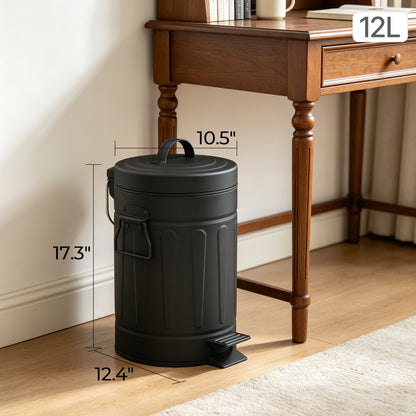 Innovaze 3.2 Gallon and 0.8 Gallon Round Step Bathroom and Office Black Metal Trash Can Set，Black