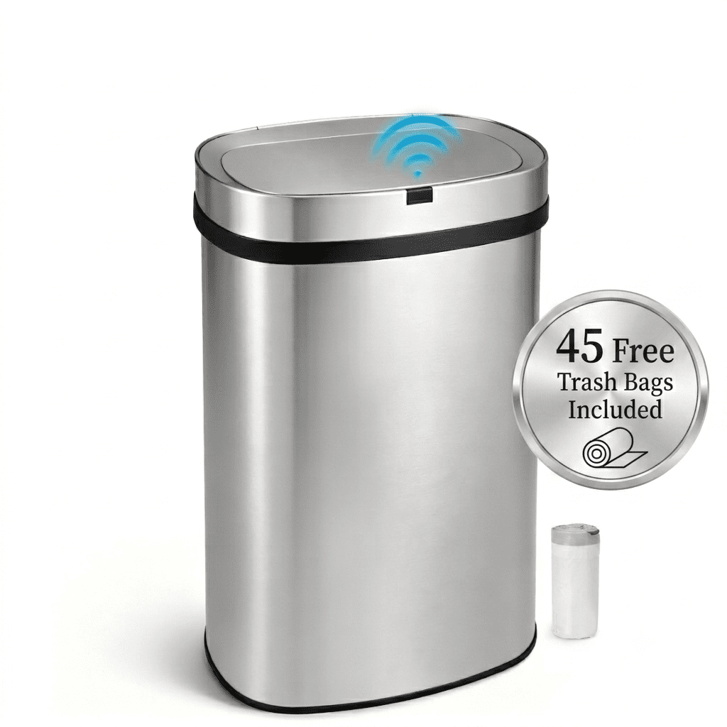 Innovaze 13 Gal. Touchless Motion Sensor Stainless Steel Kitchen Trash Can, Oval Design, Includes 45 Trash Bags, Silver