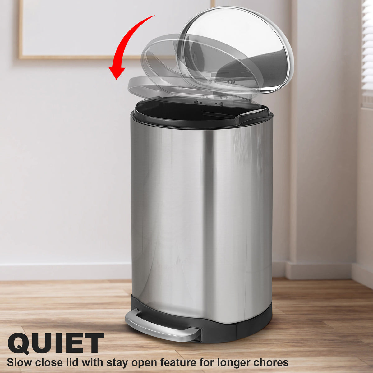 Innovaze 10.6 Gallon/40 Liter Stainless Steel Step Trash Can, Space-Saving Semi-Round Kitchen Trash Can, Silver