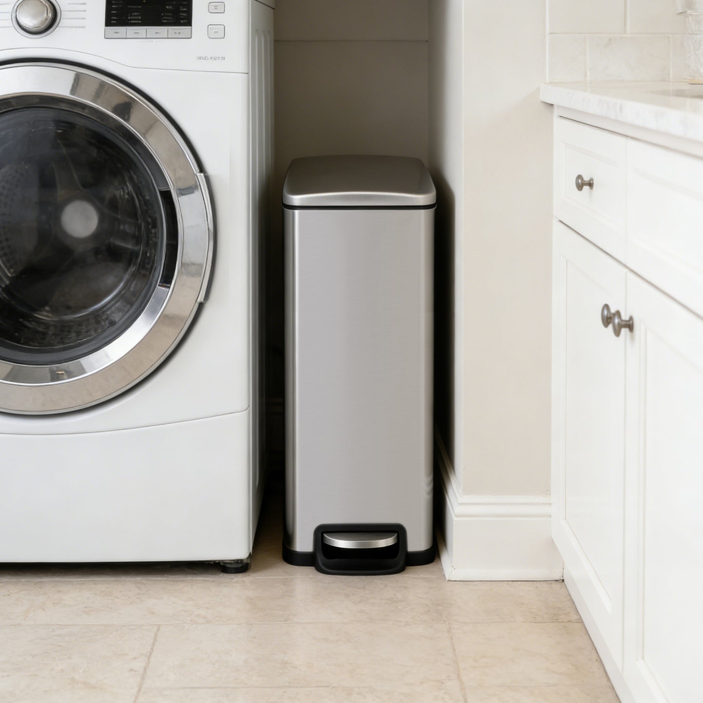 Innovaze 11.9 gal + Two 1.6 gal Slim Trash Can Combo, Stainless Steel Step Kitchen and Bathroom Garbage Can Set
