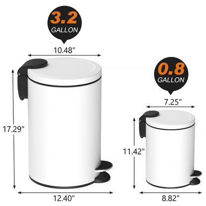 Innovaze 3.2 and 0.8 Gallon Trash Can Combo, Round Step On Office and Bathroom Trash Can, White