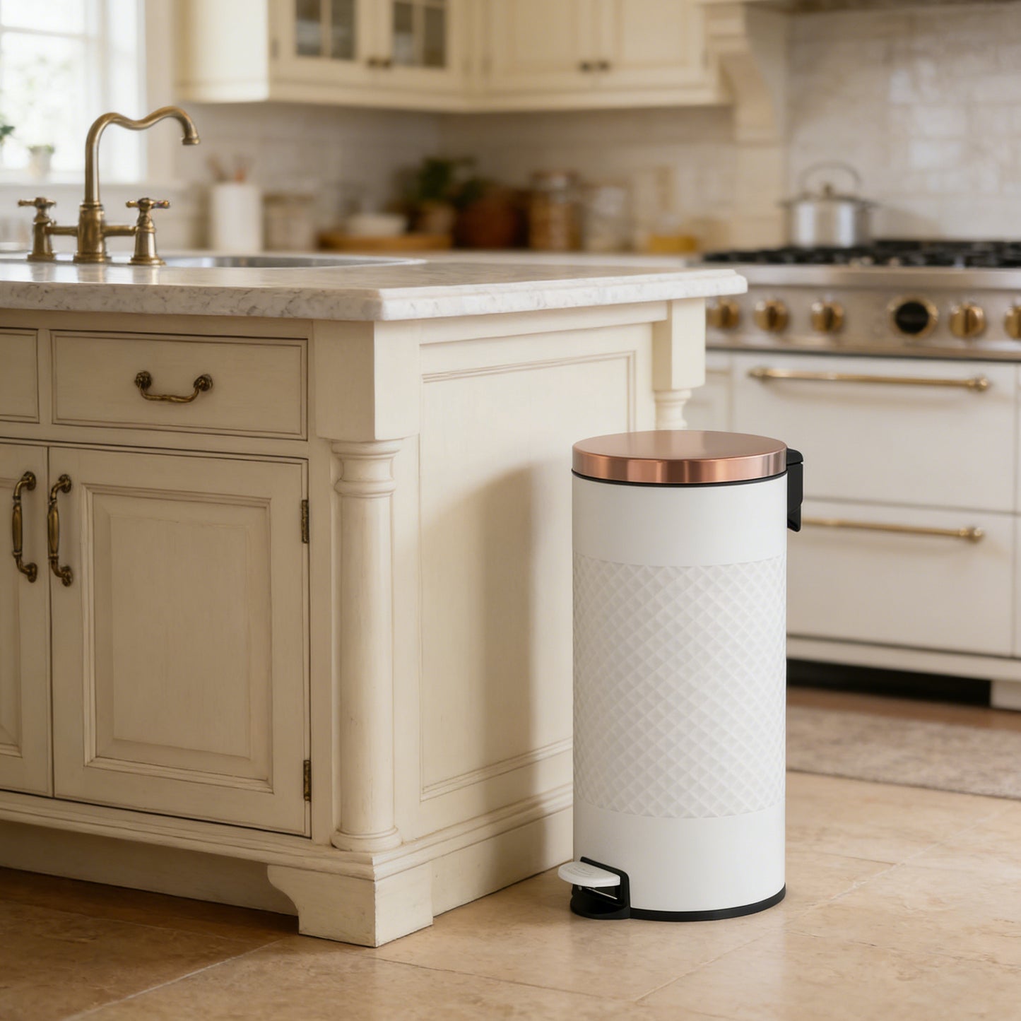 Innovaze 8 Gal. White Metal Round Shape Step-on Kitchen Trash Can with Diamond Body Design. Carbon Steel White