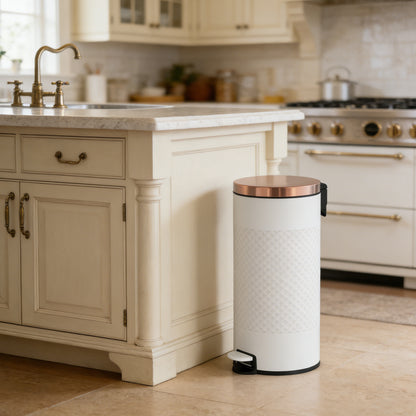 Innovaze 8 Gal. White Metal Round Shape Step-on Kitchen Trash Can with Diamond Body Design. Carbon Steel White