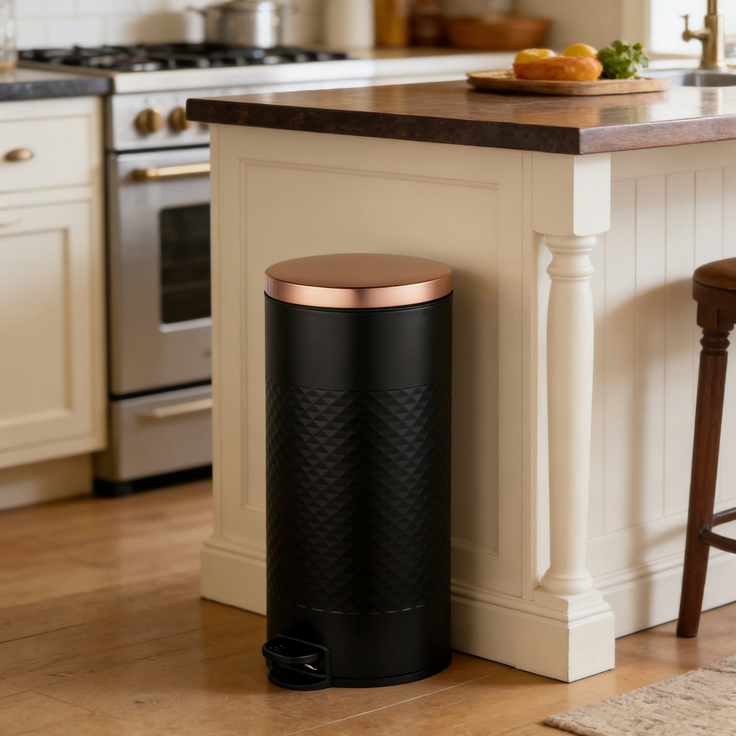 Innovaze 8 gal./30 Liter Carbon Steel Round Step-on Trash Can with Diamond Body for Kitchen, Black