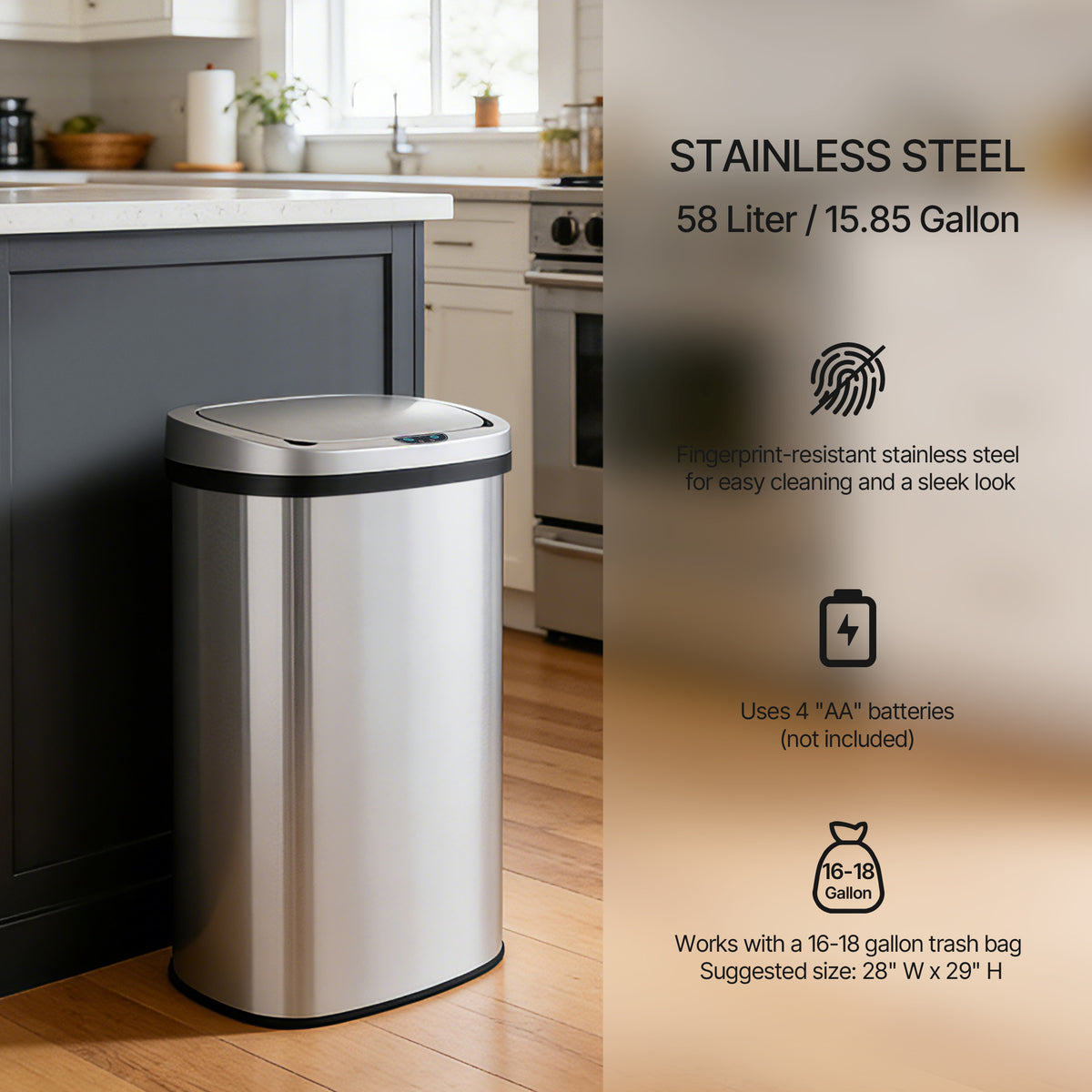 Innovaze 15.85 Gallon Trash Can with Plastic Lid, Motion Sensor Touchless Kitchen Trash Can, Stainless Steel