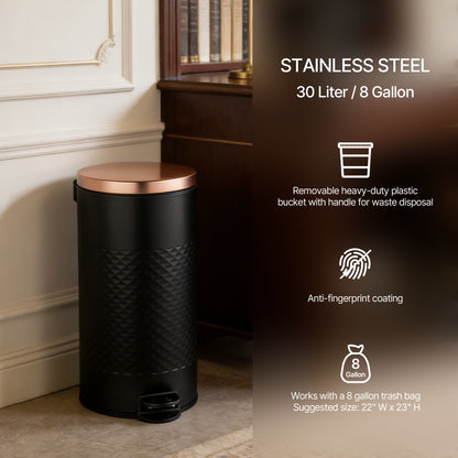 Innovaze 8 gal./30 Liter Carbon Steel Round Step-on Trash Can with Diamond Body for Kitchen, Black