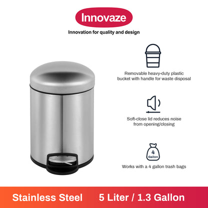 Innovaze 1.3 Gallon/5L Trash Can, Stainless Steel Bathroom Step-on Wastebasket with Lid