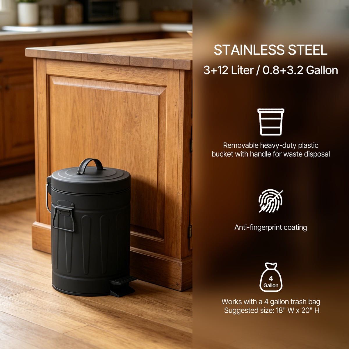 Innovaze 3.2 Gallon and 0.8 Gallon Round Step Bathroom and Office Black Metal Trash Can Set，Black