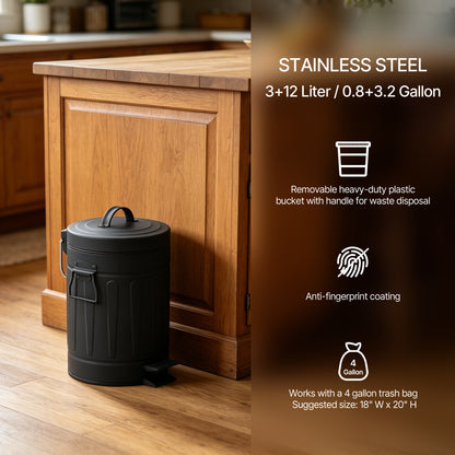 Innovaze 3.2 Gallon and 0.8 Gallon Round Step Bathroom and Office Black Metal Trash Can Set，Black