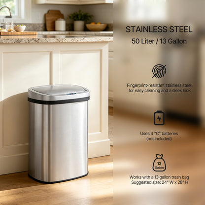 Innovaze 13 Gallon/ 50 Liter Motion Sensor Trash Can, Stainless Steel Oval Kitchen Garbage Can Durable Plastic Lid , Includes 45 Trash Bags, Silver
