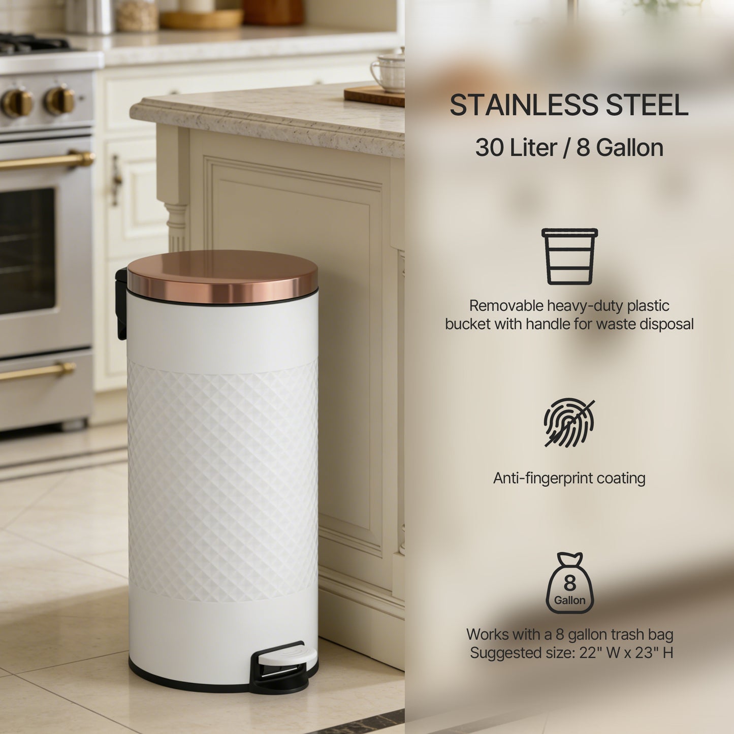 Innovaze 8 Gal. White Metal Round Shape Step-on Kitchen Trash Can with Diamond Body Design. Carbon Steel White
