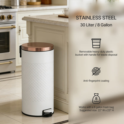 Innovaze 8 Gal. White Metal Round Shape Step-on Kitchen Trash Can with Diamond Body Design. Carbon Steel White