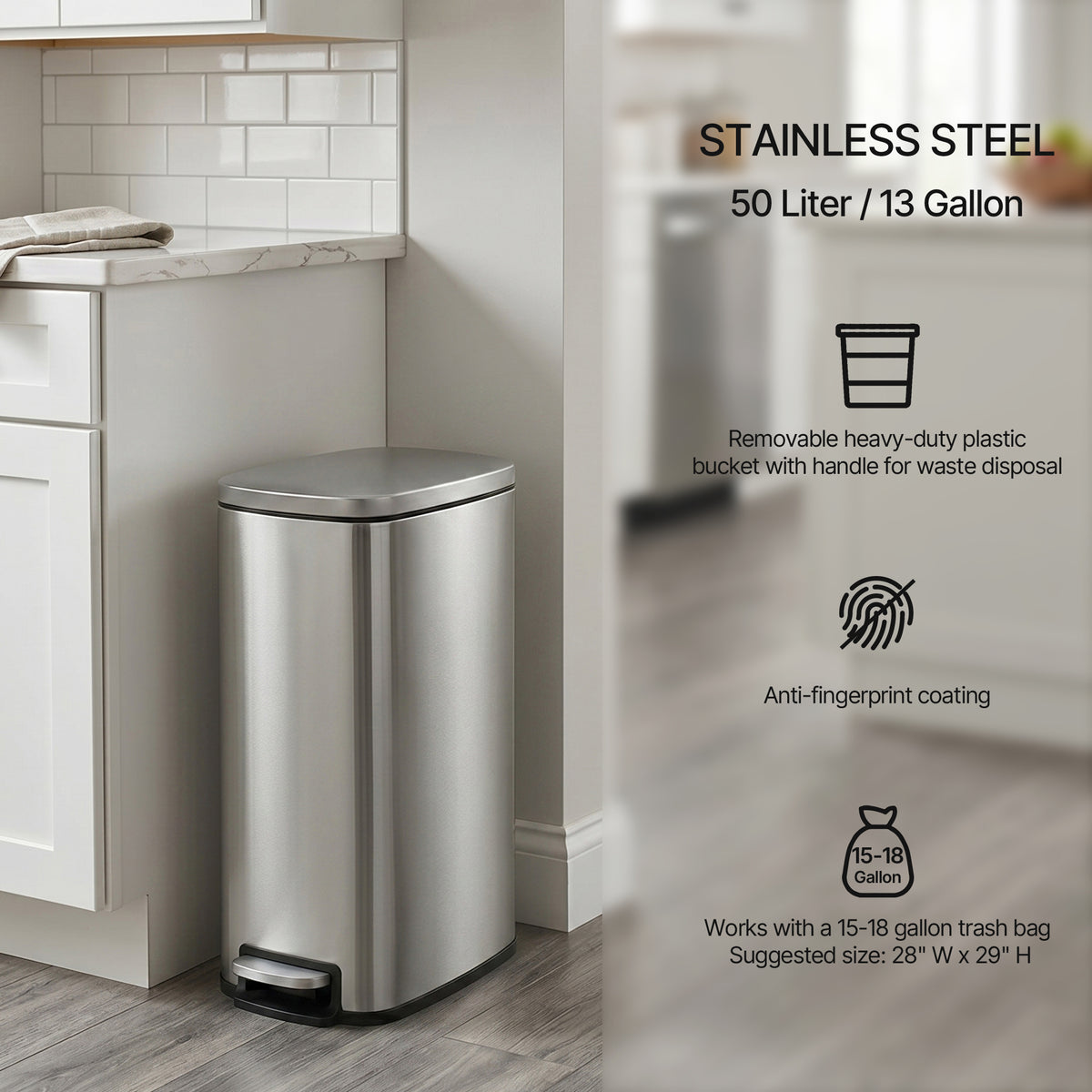 Innovaze 13 Gallon/50 Liter Slim Stainless Steel Step-on Trash Can for Kitchen Laundry Room, Silver