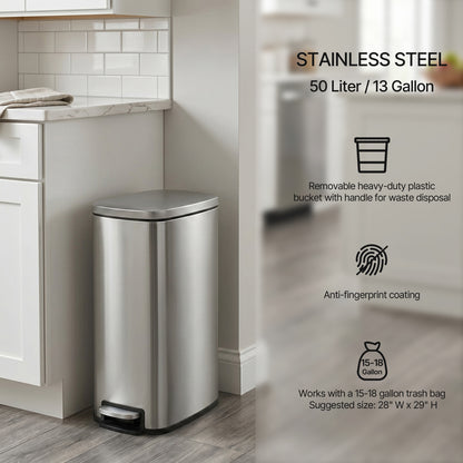Innovaze 13 Gallon/50 Liter Slim Stainless Steel Step-on Trash Can for Kitchen Laundry Room, Silver