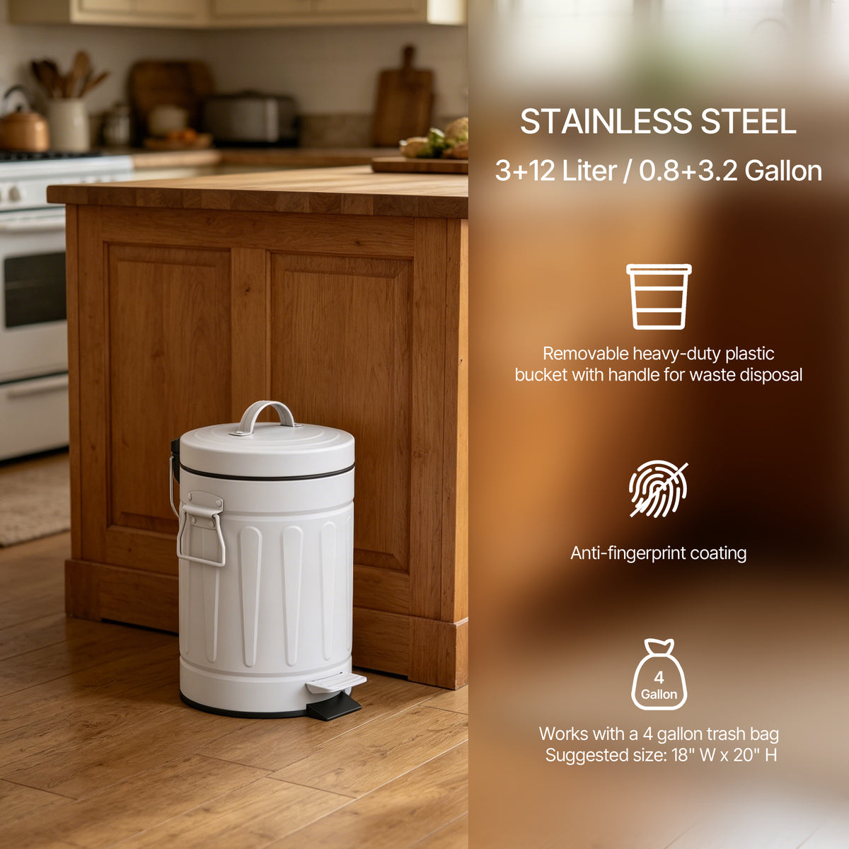 Innovaze 3.2 Gallon and 0.8 Gallon Round Bathroom and Office White Metal Step Trash Can Set