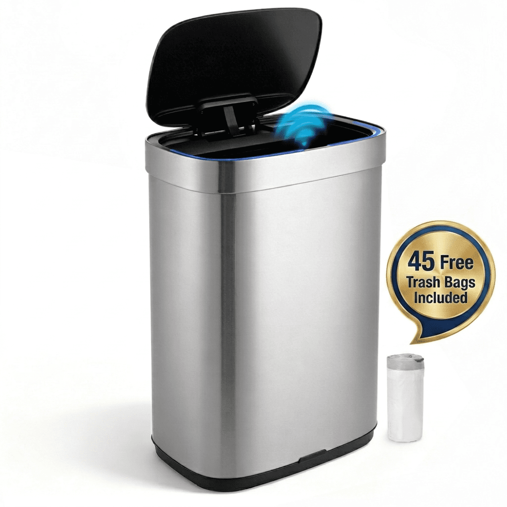 Innovaze 13 Gallon / 50 Liter Touchless Motion Sensor Trash Can, Stainless Steel Kitchen Garbage Can with Soft Close Lid, Fingerprint Resistant, Includes 45 Trash Bags, Silver
