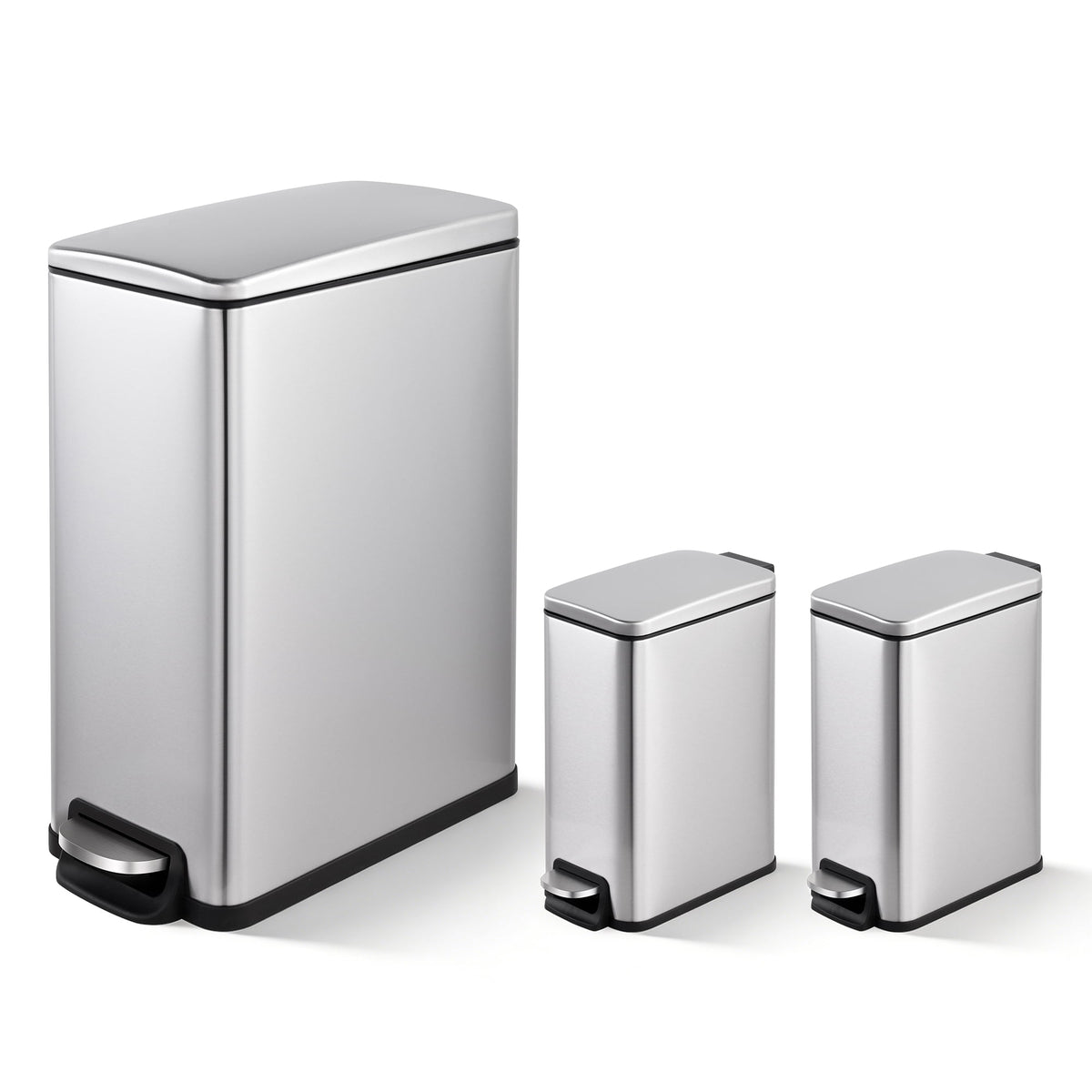 Innovaze 11.9 gal + Two 1.6 gal Slim Trash Can Combo, Stainless Steel Step Kitchen and Bathroom Garbage Can Set