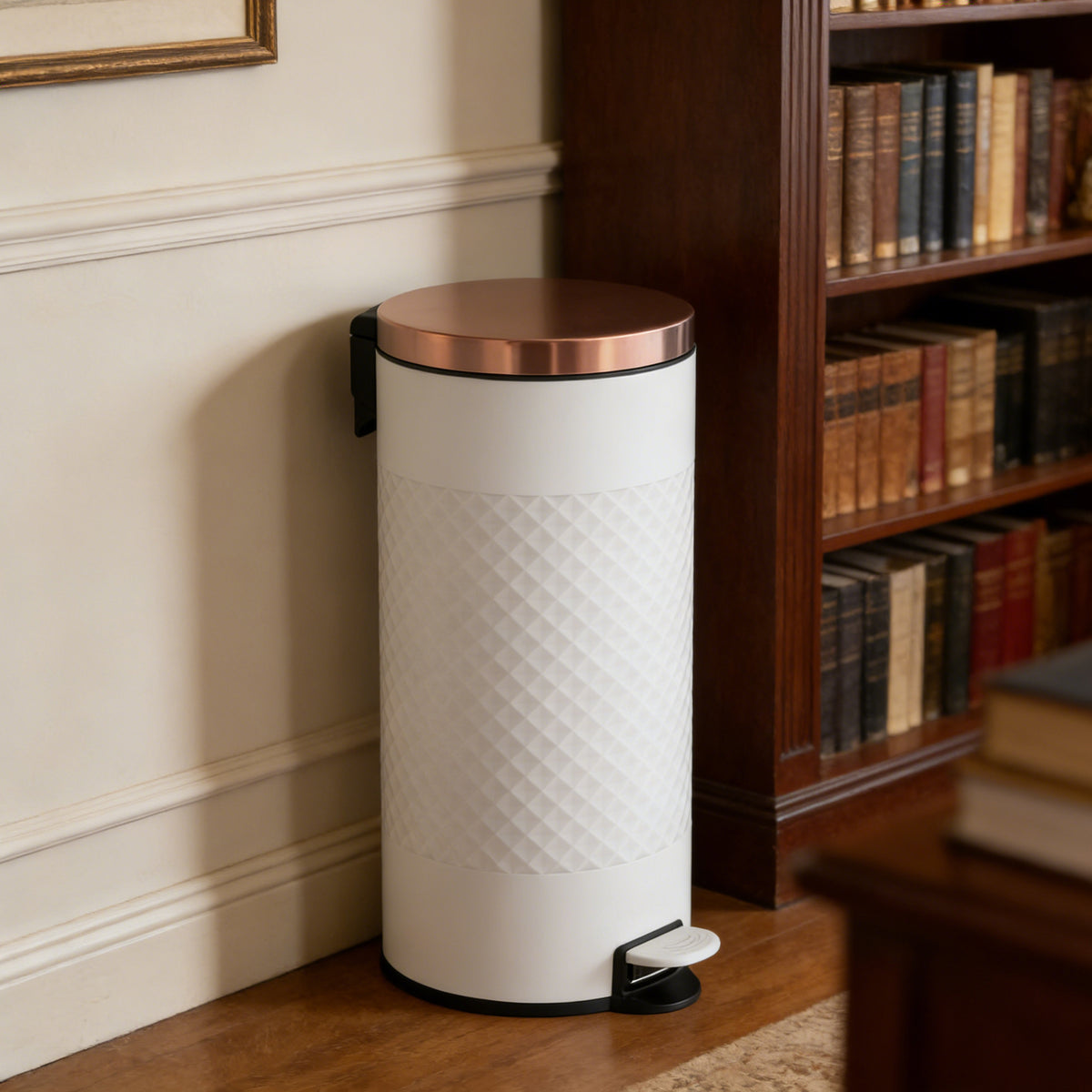 Innovaze 8 Gal. White Metal Round Shape Step-on Kitchen Trash Can with Diamond Body Design. Carbon Steel White