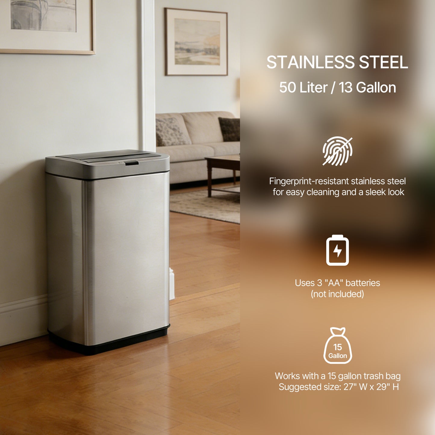 Innovaze 13 Gallon Stainless Steel Motion Sensor Trash Can with Butterfly Lid for Kitchen, Includes 26 Trash Bags, Silver