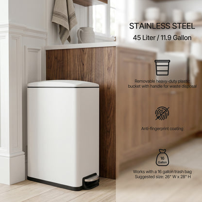 Innovaze 11.9 Gal./ 45 Liter Slim Stainless-Steel-Made Step-on kitchen Trash Can (Matt White)