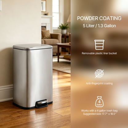 Innovaze 1.3 gal./5 Liter Stainless Steel Rectangular Trash Can, Step-on Trash Can for Bathroom, Bedroom and Office, Silver