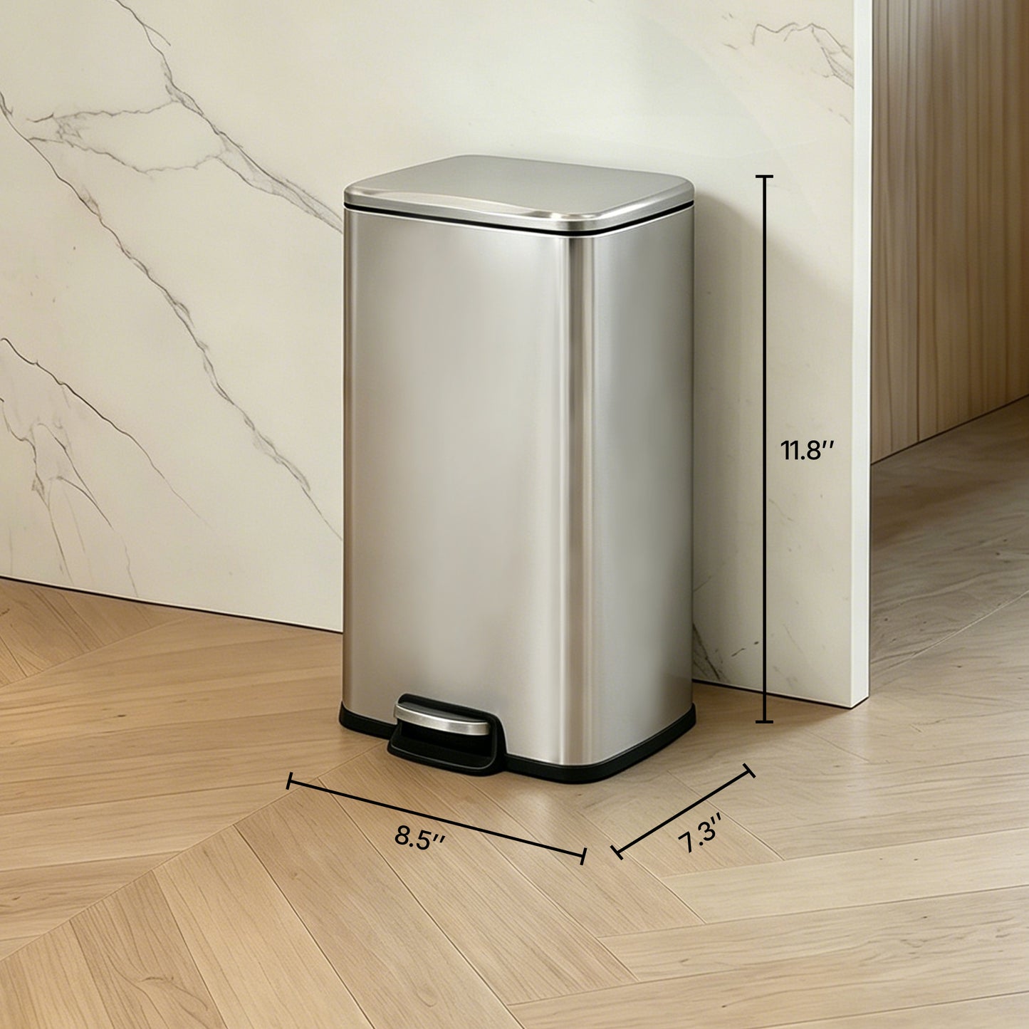 Innovaze 1.3 gal./5 Liter Stainless Steel Rectangular Trash Can, Step-on Trash Can for Bathroom, Bedroom and Office, Silver