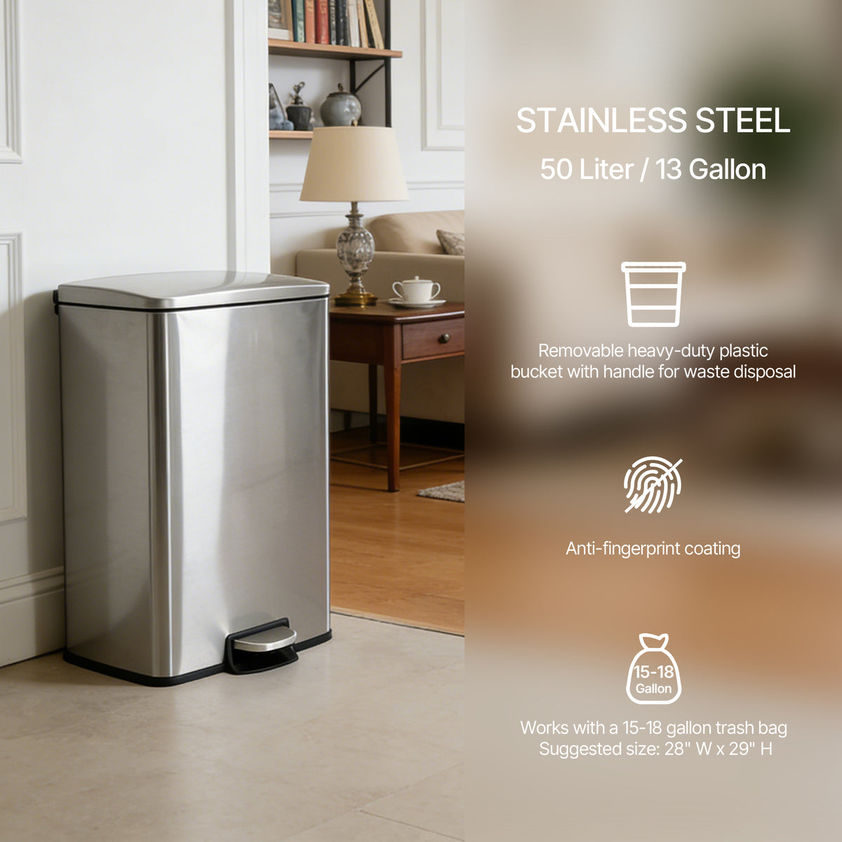 Innovaze 13 Gallon/50 Liter Trash Can, Stainless Steel Step on Garbage Can for Kitchen, Silver