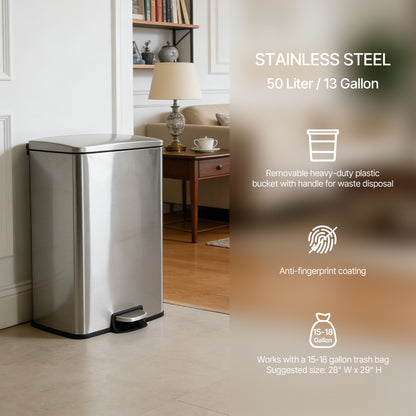 Innovaze 13 Gallon/50 Liter Trash Can, Stainless Steel Step on Garbage Can for Kitchen, Silver