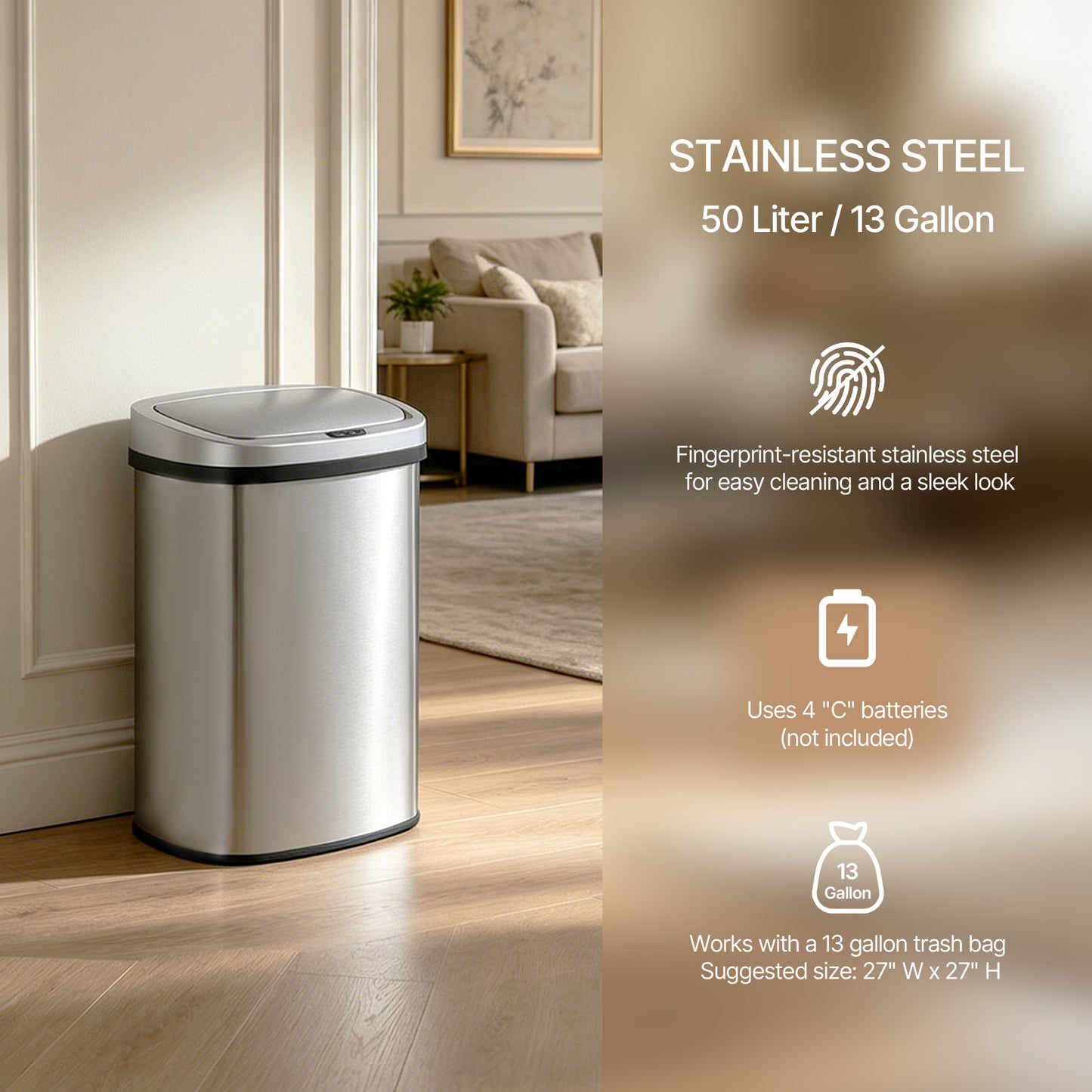 Innovaze 13.2 Gallon Motion Sensor Trash Can, Stainless Steel Oval Kitchen Garbage Can, Silver