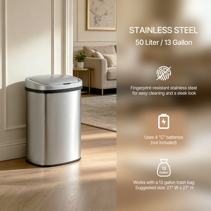 Innovaze 13.2 Gallon Motion Sensor Trash Can, Stainless Steel Oval Kitchen Garbage Can, Silver