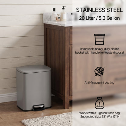 Innovaze 5.3 Gallon/20 Liter Rectangular Stainless Steel step-on Trash Can for bathroom, bedroom, office, Matte Grey