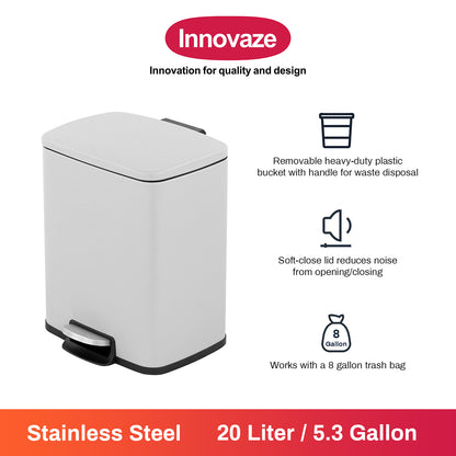 Innovaze 5.3 Gallon/20 Liter Rectangular Stainless Steel step-on Trash Can for bathroom, bedroom, office, Matte White