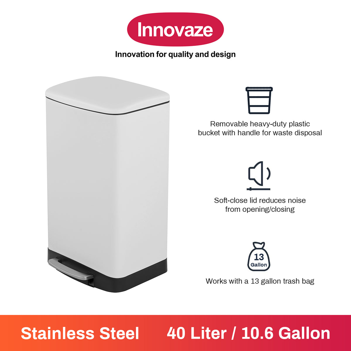 Innovaze 11 Gallon/40 Liter Stainless Steel Rectangular Step-on Trash Can for Kitchen