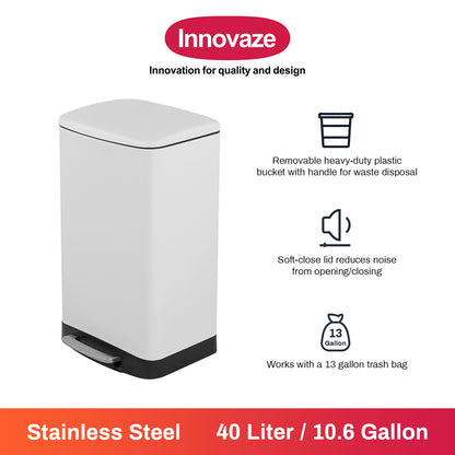 Innovaze 11 Gallon/40 Liter Stainless Steel Rectangular Step-on Trash Can for Kitchen