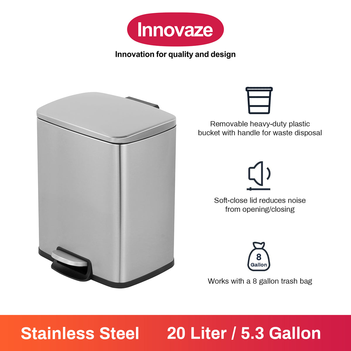 Innovaze 5.3 Gallon/20 Liter Rectangular Stainless Steel step-on Trash Can for bathroom, Office, Bedroom, Silver