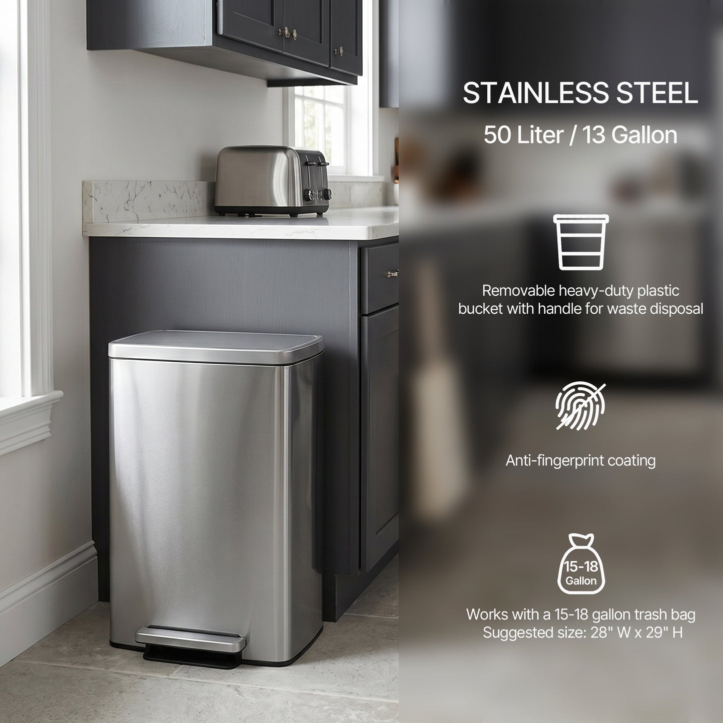 Innovaze 13 Gallon/50 Liter Rectangular Stainless Steel Step-on Trash Can for Kitchen