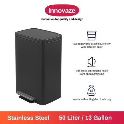 Innovaze 13 Gallon/50 Liter Rectangular Stainless Steel Step-on Trash Can for Kitchen, Matte Black