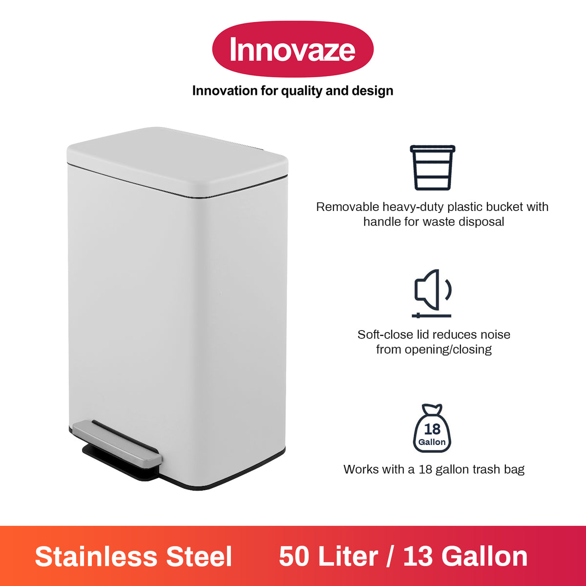 Innovaze 13 Gallon/50 Liter Rectangular Stainless Steel Step-on Trash Can for Kitchen, Matte White