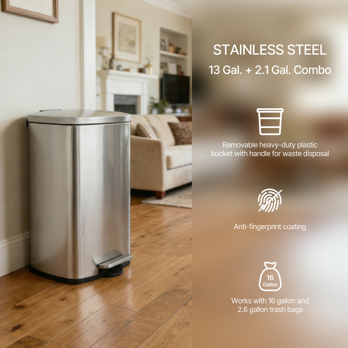 Innovaze 13 +2.1 Gal./50+8 Liter Oval Shape Stainless Steel Step-on Trash Can for Kitchen and Bathroom