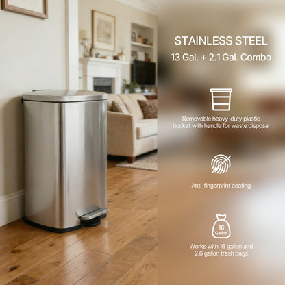 Innovaze 13 +2.1 Gal./50+8 Liter Oval Shape Stainless Steel Step-on Trash Can for Kitchen and Bathroom