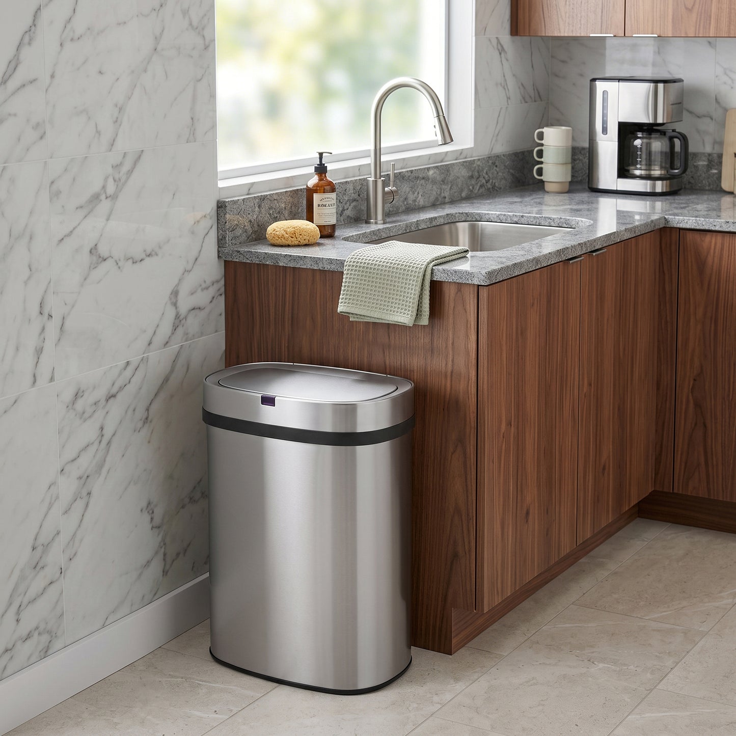 Innovaze 13 Gal. Touchless Motion Sensor Stainless Steel Kitchen Trash Can, Oval Design, Includes 45 Trash Bags, Silver