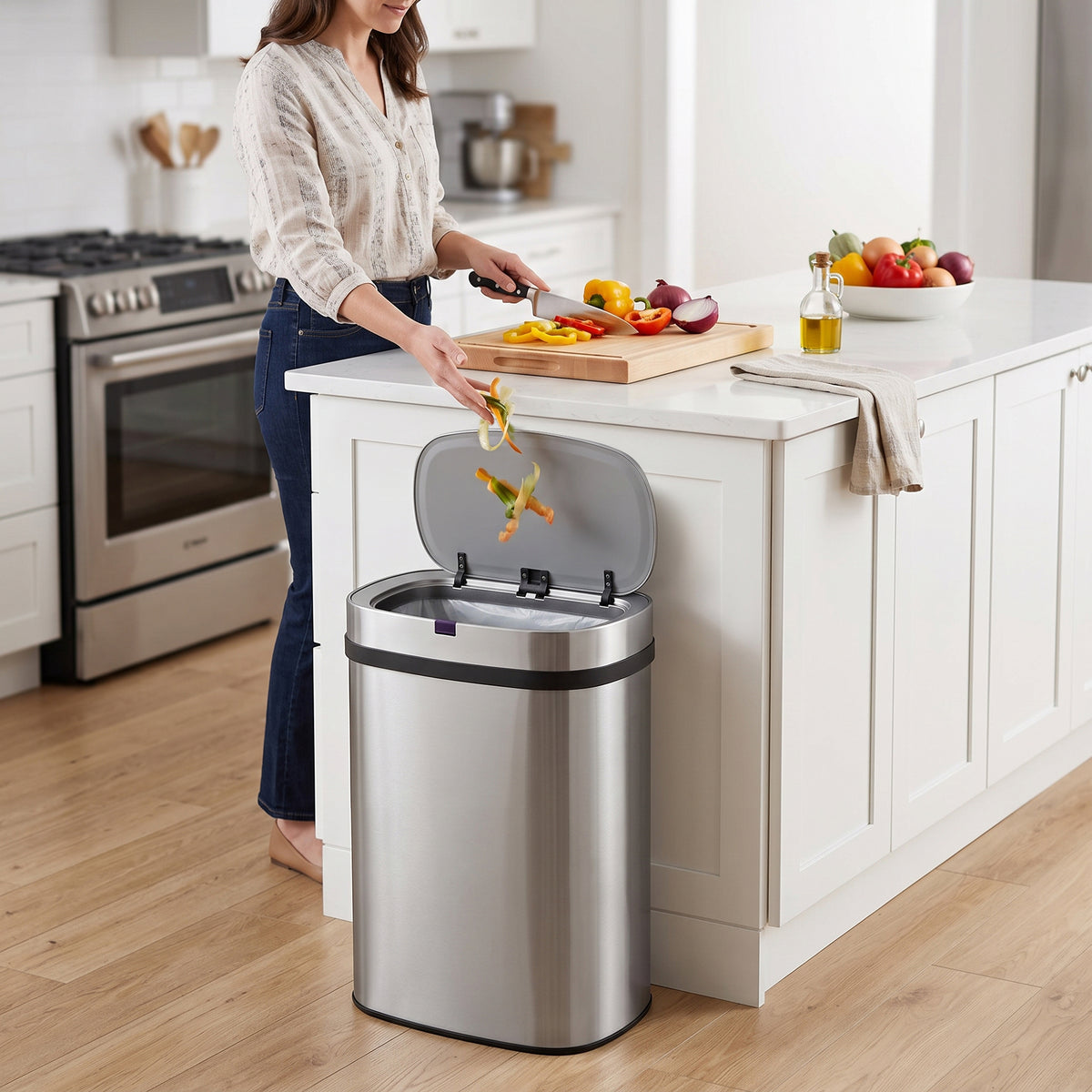 Innovaze 13 Gal. Touchless Motion Sensor Stainless Steel Kitchen Trash Can, Oval Design, Includes 45 Trash Bags, Silver