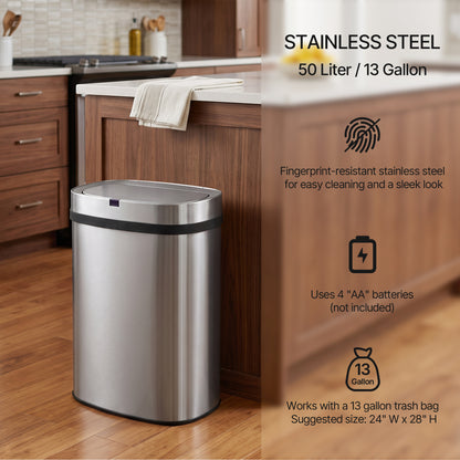 Innovaze 13 Gal. Touchless Motion Sensor Stainless Steel Kitchen Trash Can, Oval Design, Includes 45 Trash Bags, Silver