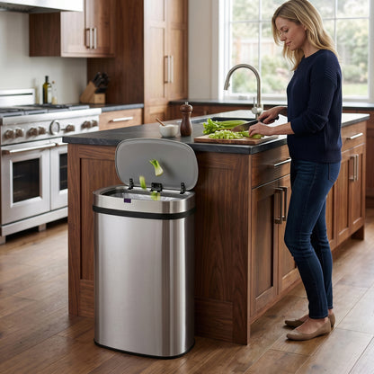 Innovaze 16 Gal. Touchless Motion Sensor Stainless Steel Kitchen Trash Can, Oval Design, Includes 45 Trash Bags, Silver