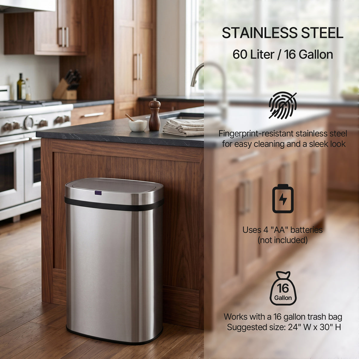 Innovaze 16 Gal. Touchless Motion Sensor Stainless Steel Kitchen Trash Can, Oval Design, Includes 45 Trash Bags, Silver