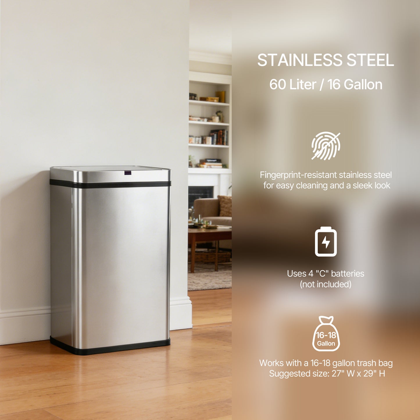 Innovaze 16 Gallon Stainless Steel Motion Sensor Trash Can with Removable and Portable Design, Silver