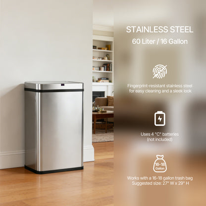 Innovaze 16 Gallon Stainless Steel Motion Sensor Trash Can with Removable and Portable Design, Silver