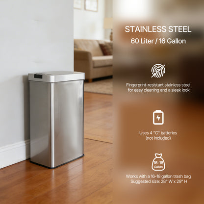 Innovaze 16 Gallon Stainless Steel Slim Motion Sensor Trash Can with Plastic Butterfly Lid, Includes 26 Trash Bags, Silver