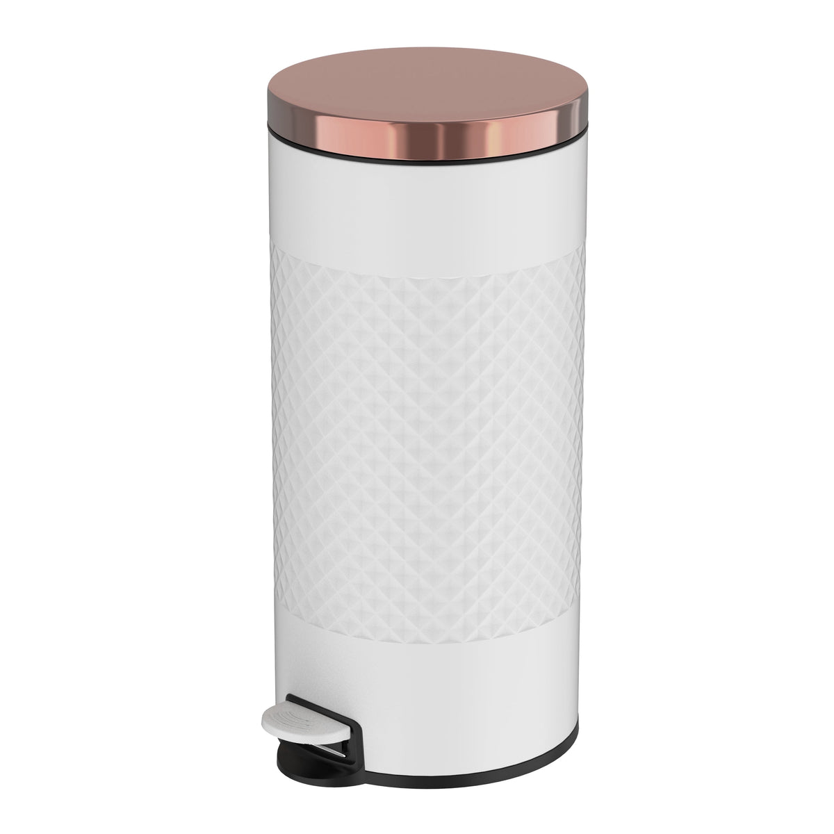 Innovaze 8 Gal. White Metal Round Shape Step-on Kitchen Trash Can with Diamond Body Design. Carbon Steel White