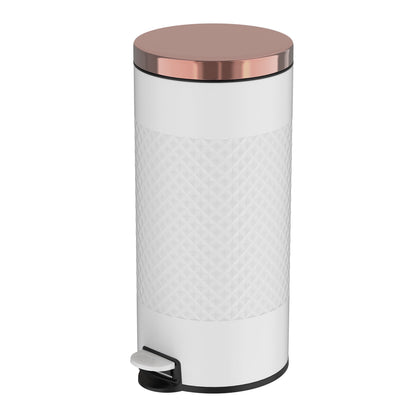 Innovaze 8 Gal. White Metal Round Shape Step-on Kitchen Trash Can with Diamond Body Design. Carbon Steel White